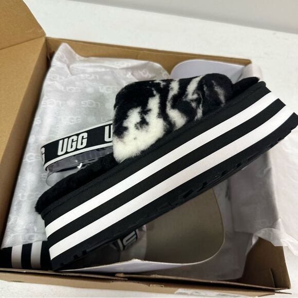 New Ugg Disco Marble Slide Platform Sandal Slippers Black White - Picture 3 of 6